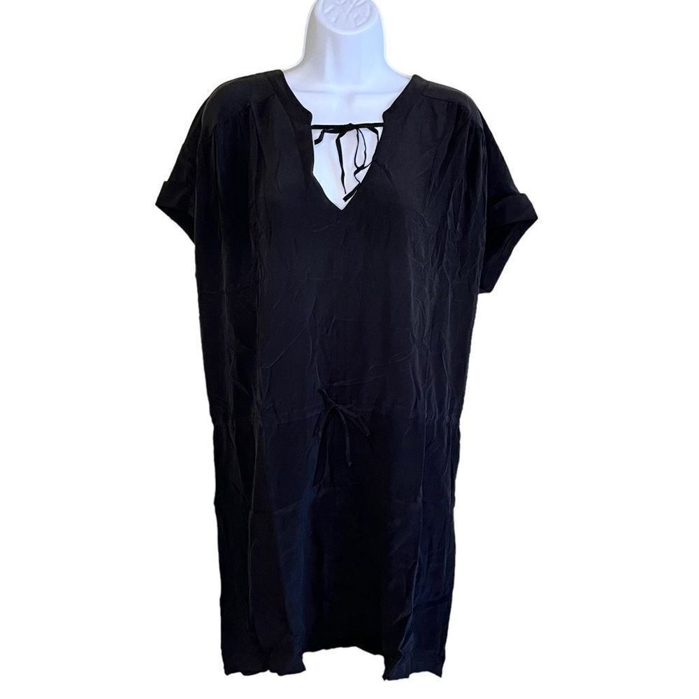 Chaser Dress Womens Medium Black Silk Mini‎ Tie Front Shirred Cuffed Sleeves NWT